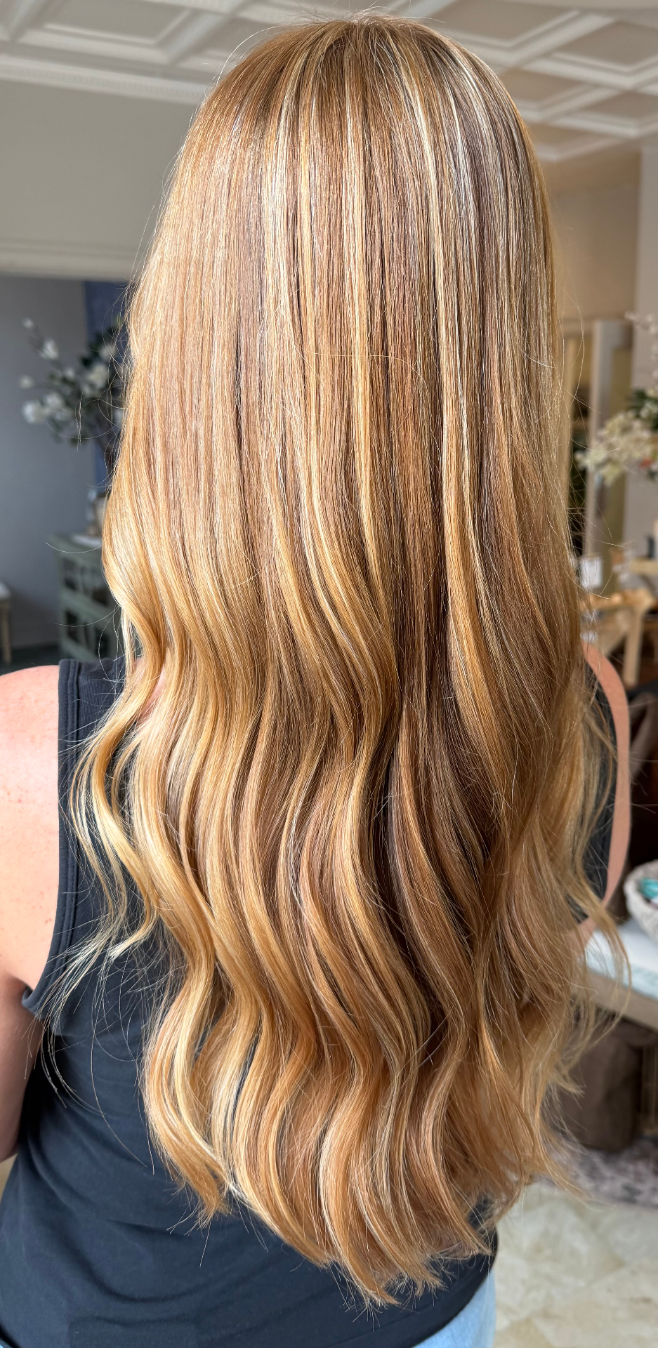 Warm honey blonde with golden ribbons